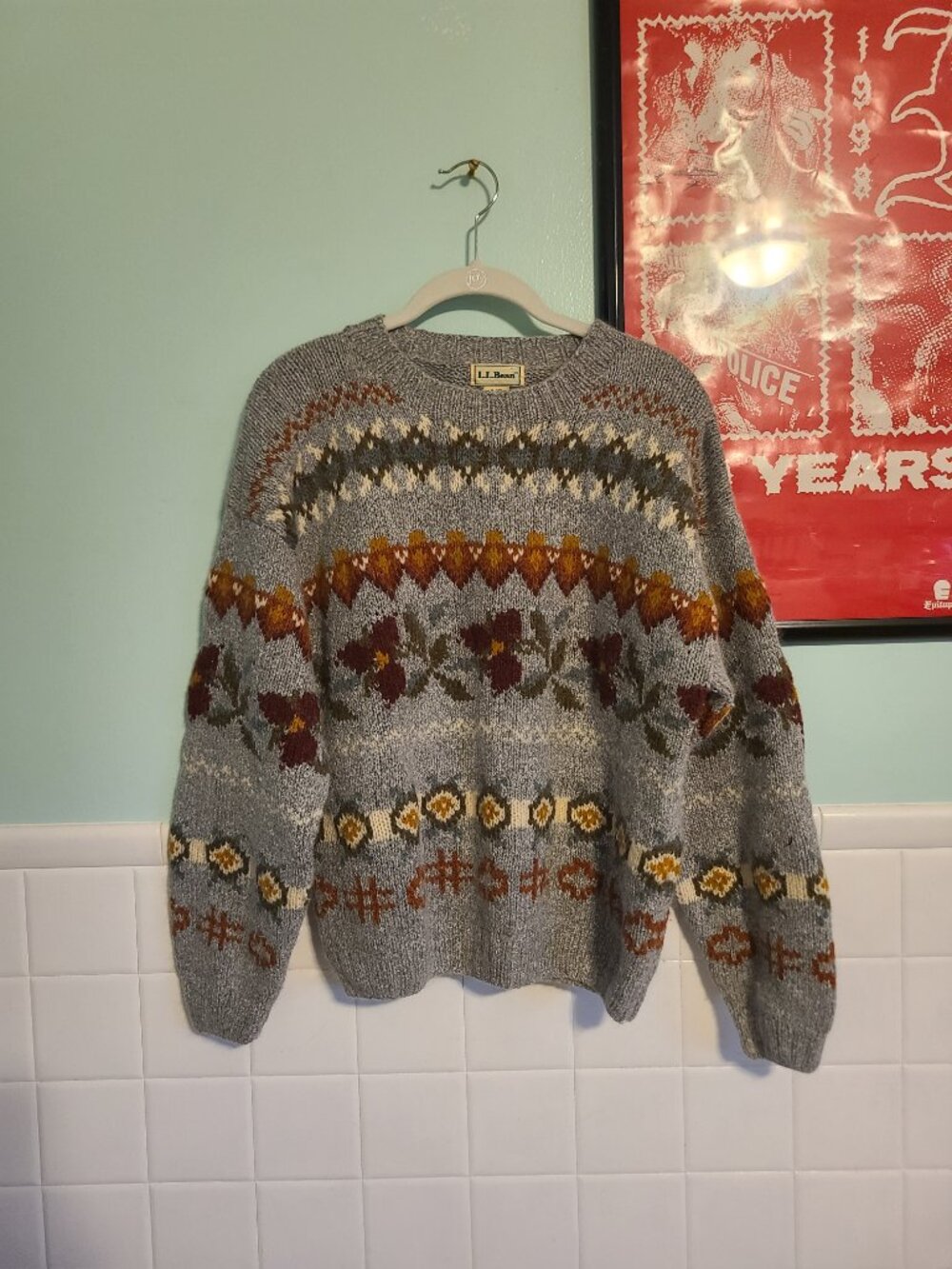 Vintage L. L. Bean Gray Coloful Fairy Isle Pullover Crew Neck Sweater Wool - Picture 9 of 11